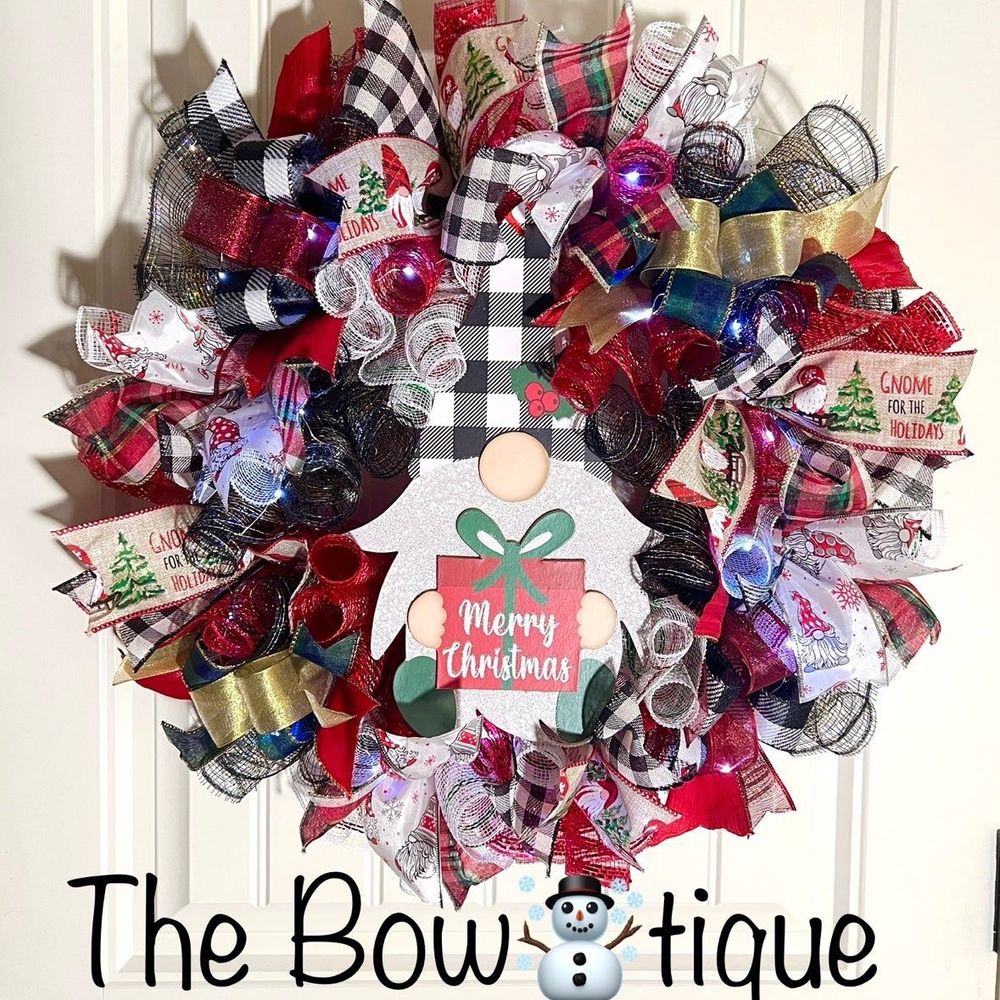 Handmade Merry Christmas Gnome Holiday Ribbon Door Wreath 22 ins W45